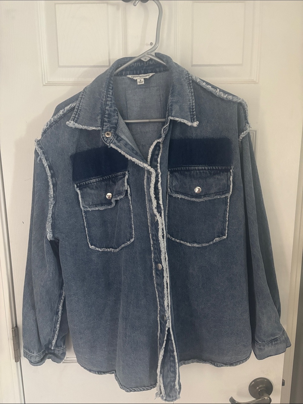 DAVI & DANI Blue Distressed Denim Jacket with Dark Blue Panels